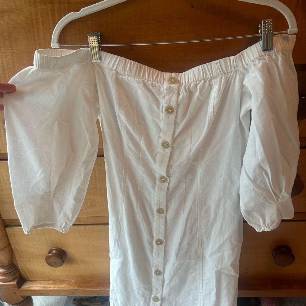 White Off-Shoulder Button-Front Dress